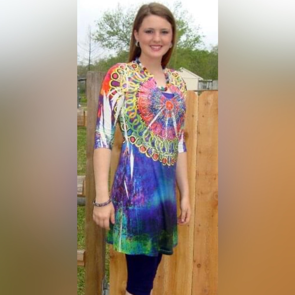 Tie Dye Colorful Rhinestone Tunic Dress - Junior Large